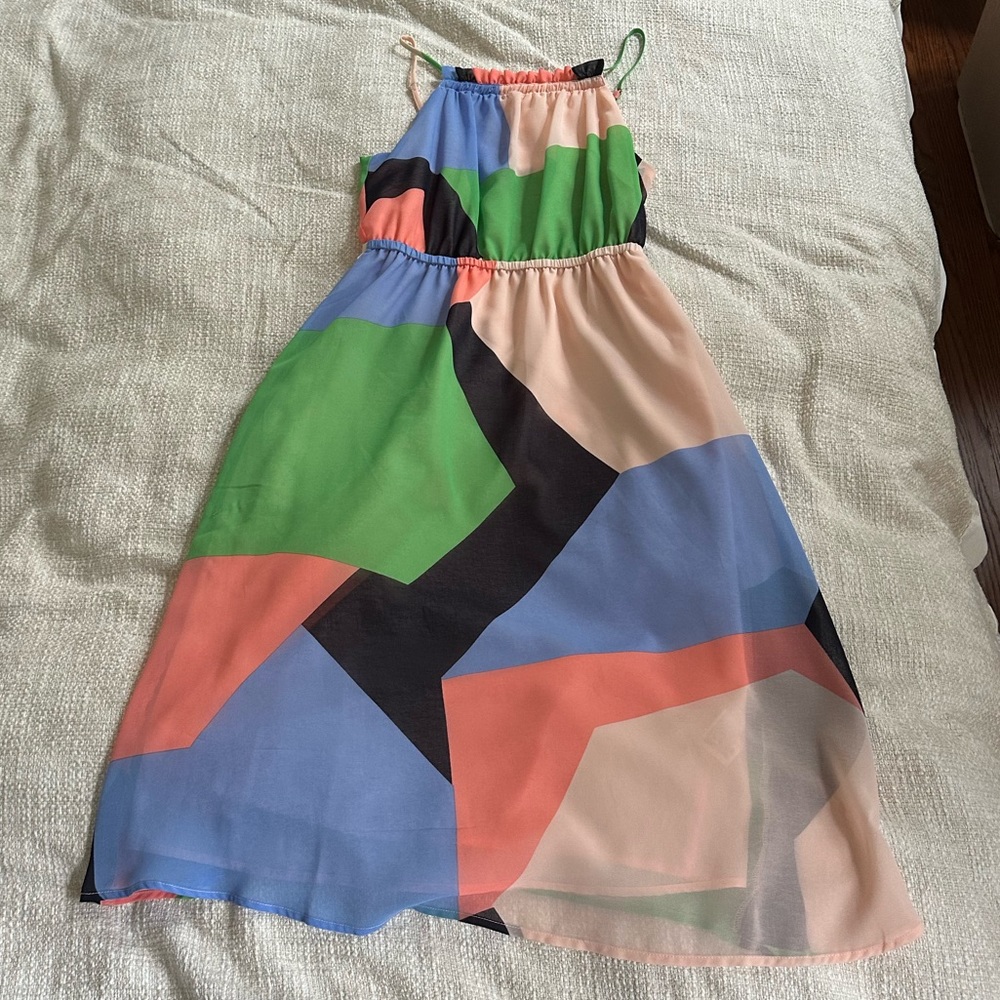 Color block high neck midi wedding guest dress